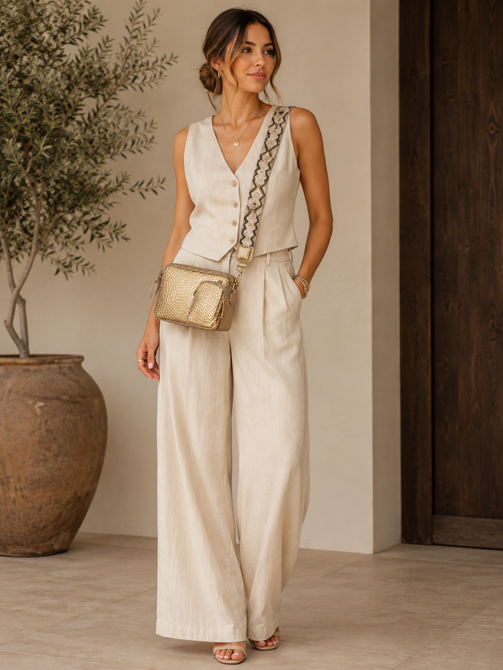 Metallic Leather Crossbody Bag with Patterned Strap.
