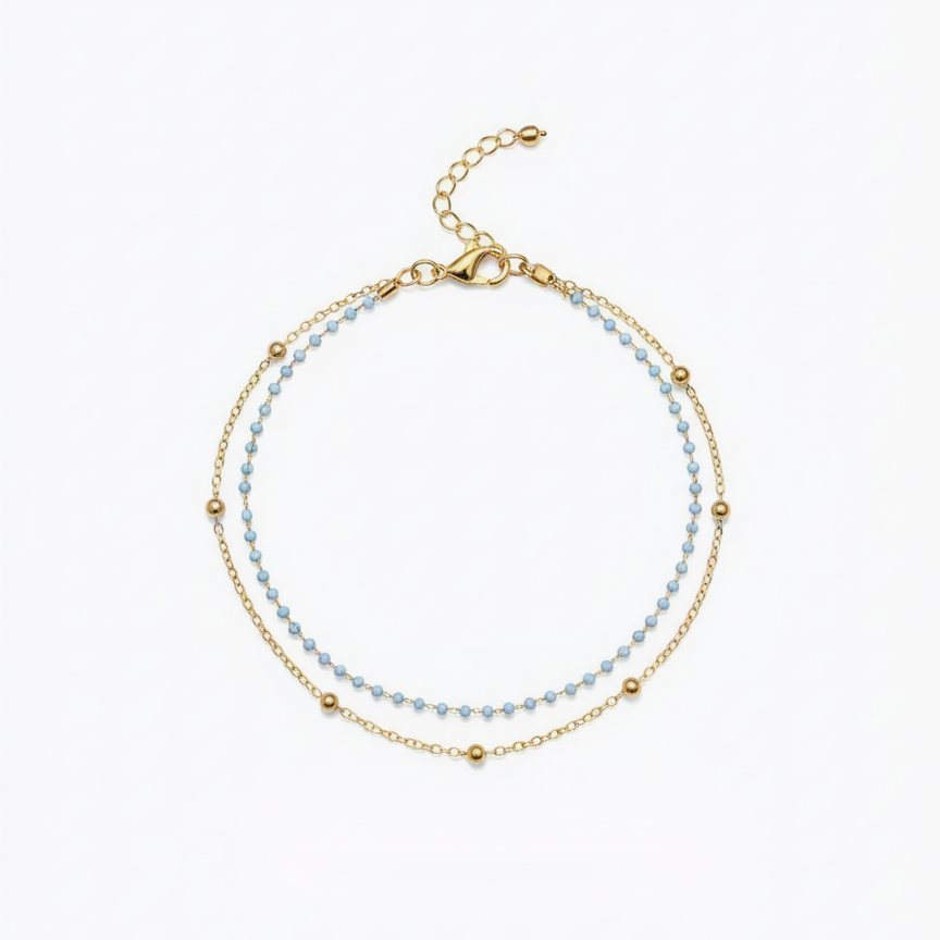 Sky Blue Beaded Double-Layer Anklet