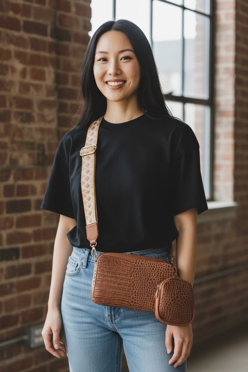Leather Crossbody bag with embossed texture and patterned strap.