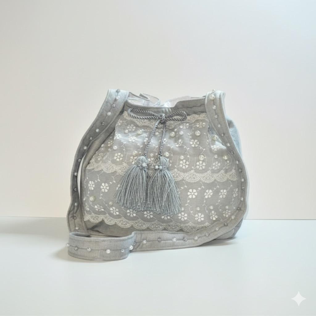 Dove Grey Lace Handmade Drawstring Bucket Bag