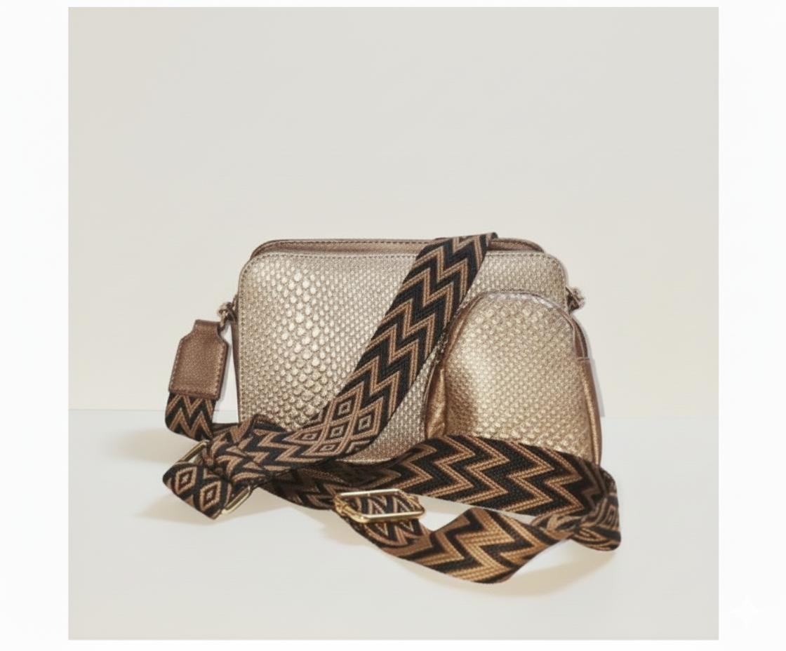 Metallic Leather Crossbody Bag with Patterned Strap