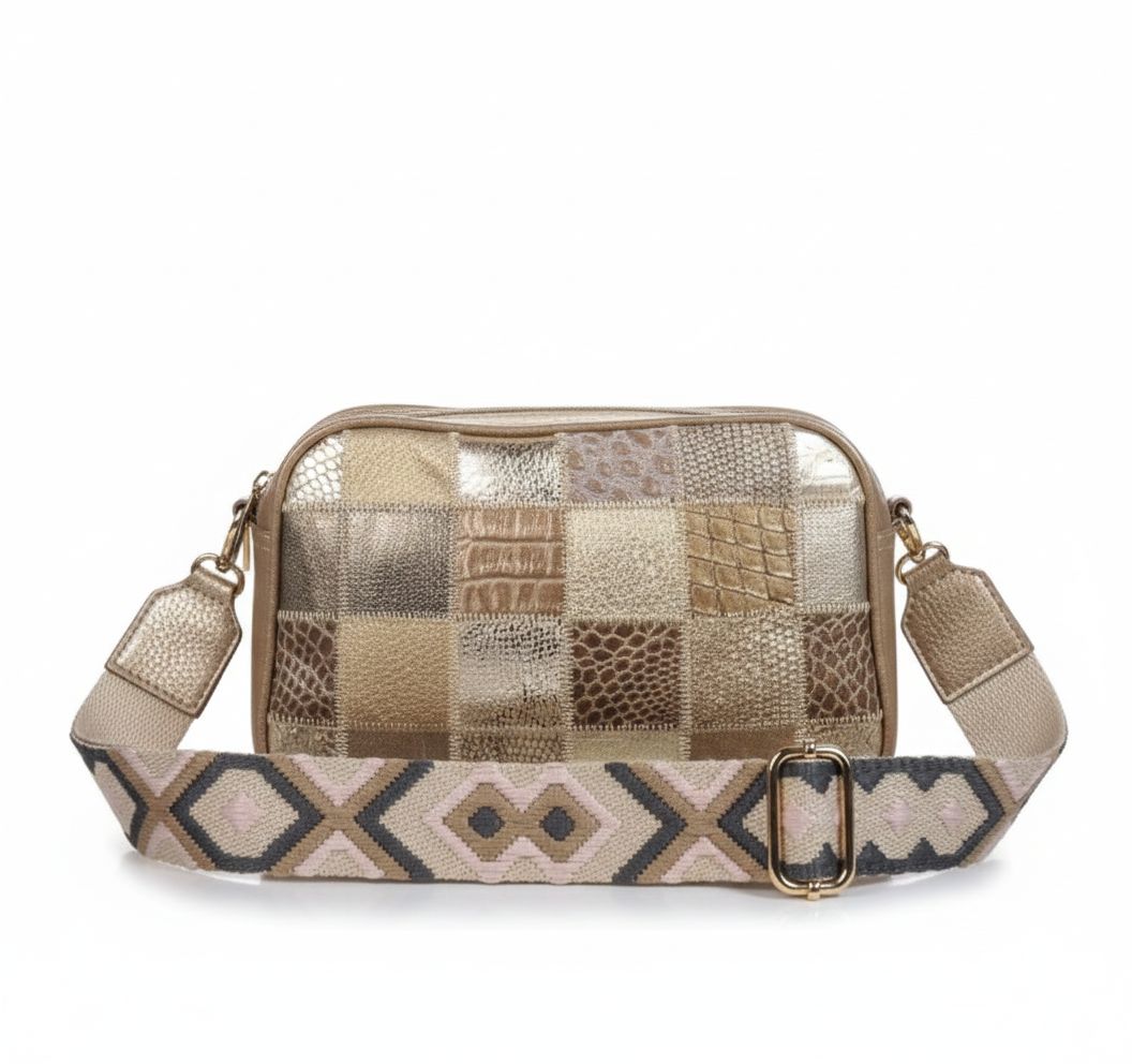 Champagne Patchwork Metallic Leather Crossbody Bag with Woven Strap