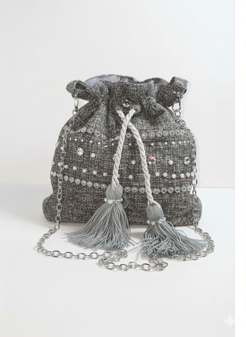 Handmade Silver Grey Embellished Drawstring Bag.
