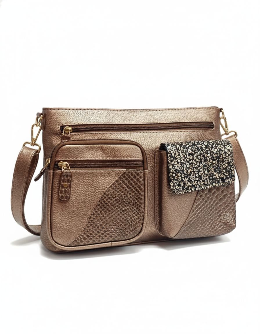 Multi-Pocket Metallic Leather Crossbody Bag