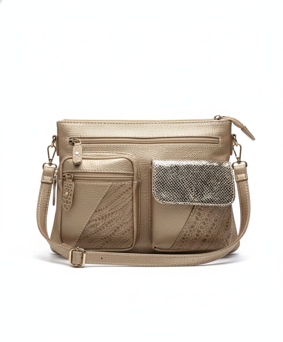 Metallic Gold Multi-Pocket Leather Crossbody Bag