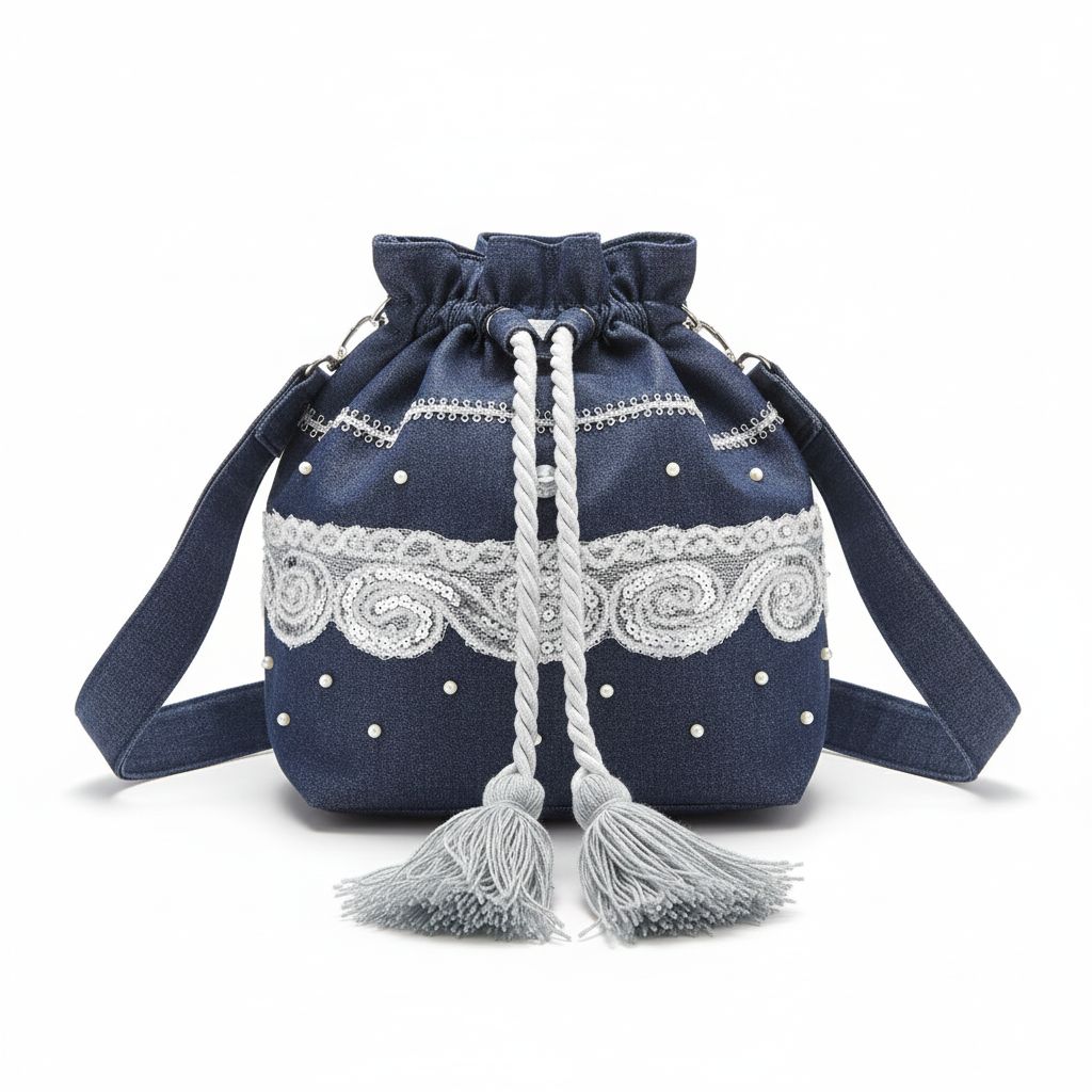 Handmade Denim Blue Embellished Drawstring Bag.