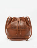 Cognac Leather Drawstring Crossbody Bag
