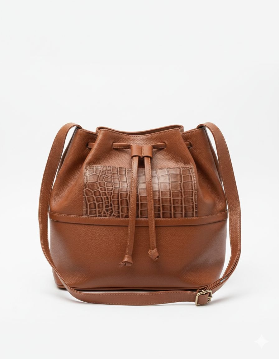 Cognac Leather Drawstring Crossbody Bag