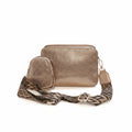 Bronze Metallic Textured Crossbody Bag with Adjustable Patterned Strap