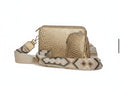 Metallic Leather Crossbody Bag with Patterned Strap.