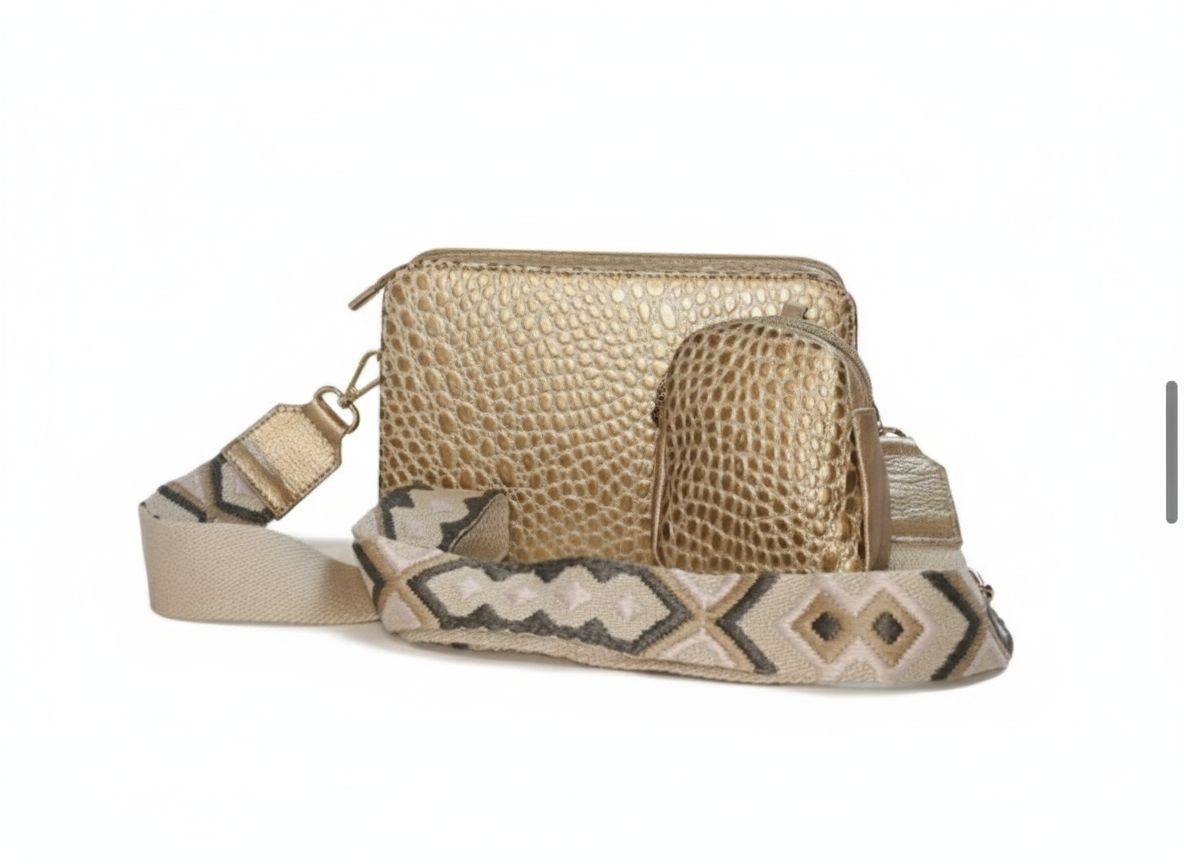 Metallic Leather Crossbody Bag with Patterned Strap.