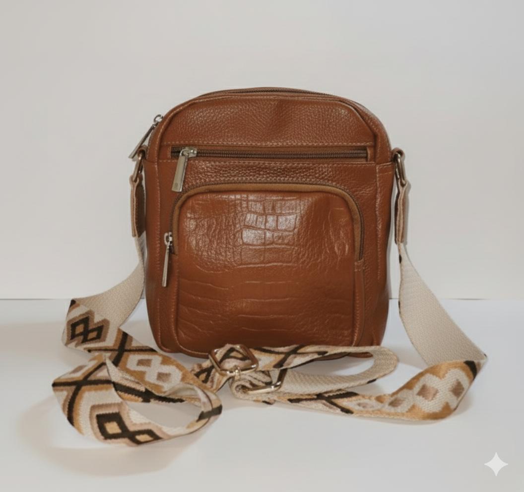 Warm Cognac Leather Crossbody Bag with Woven Strap