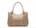 Leather tote, with Decorative front panel detailing.
