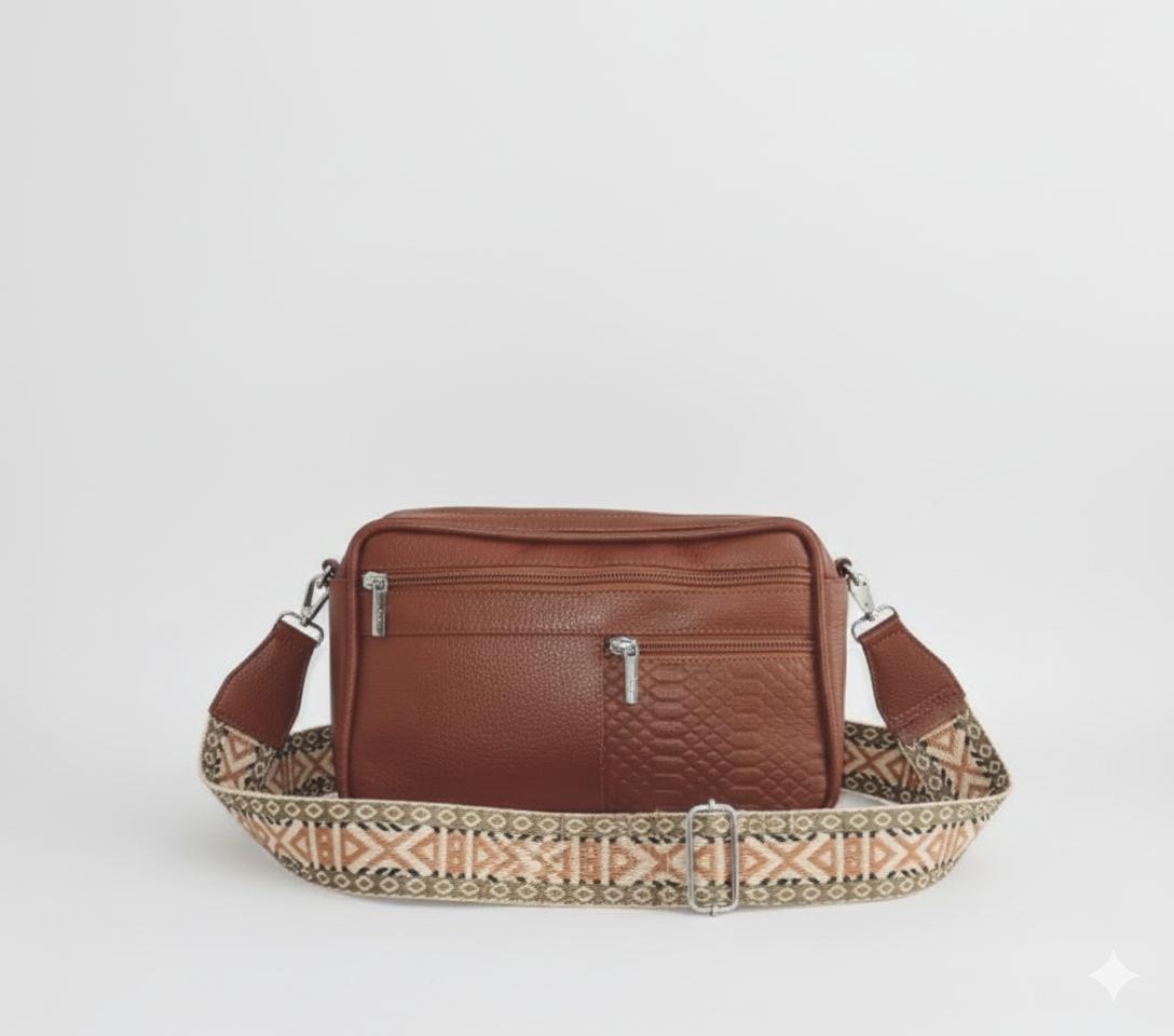 Leather, crossbody bag with patterned strap