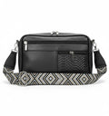 Black Leather Multi-Pocket Crossbody Bag with Patterned Strap