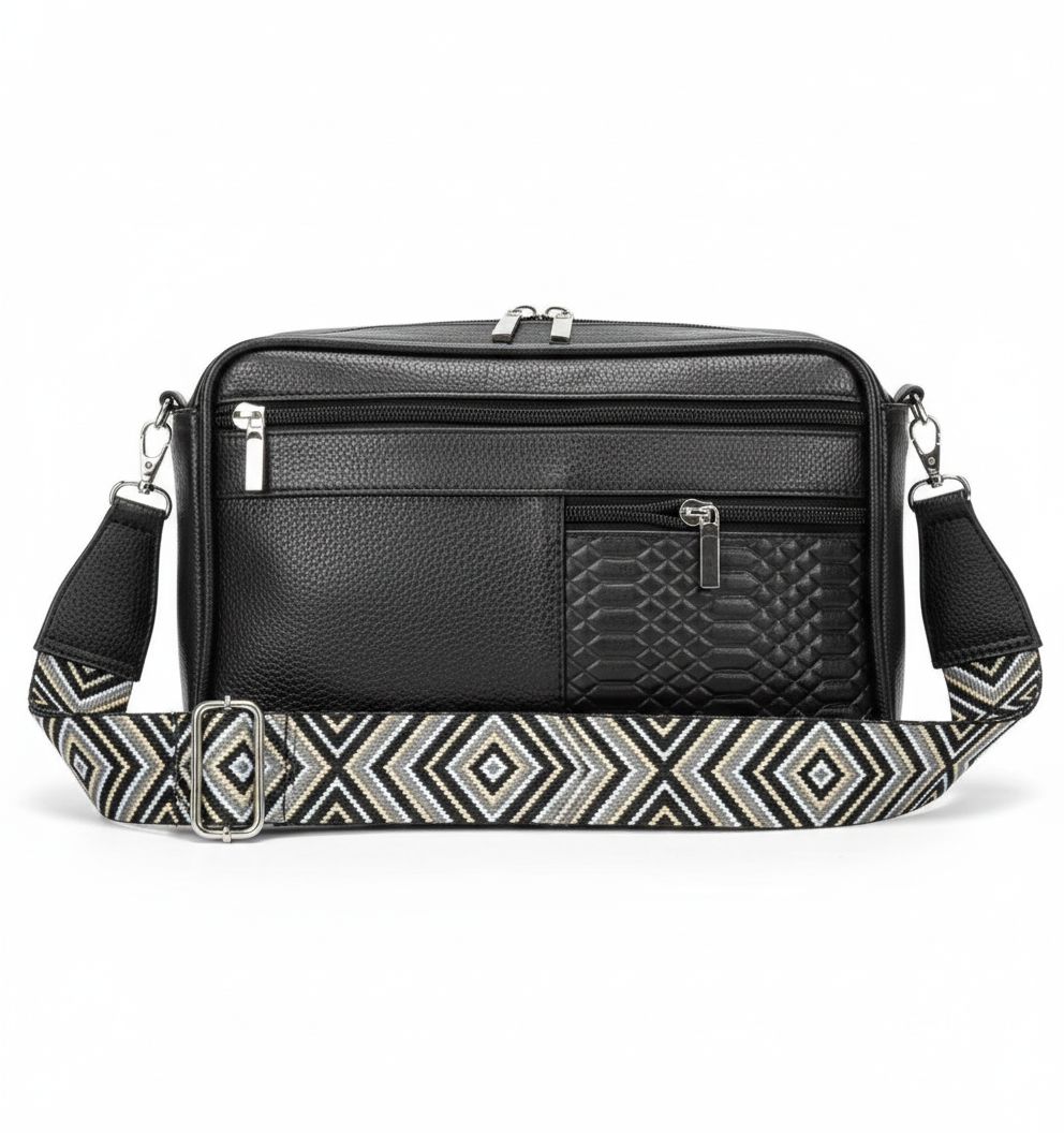 Black Leather Multi-Pocket Crossbody Bag with Patterned Strap