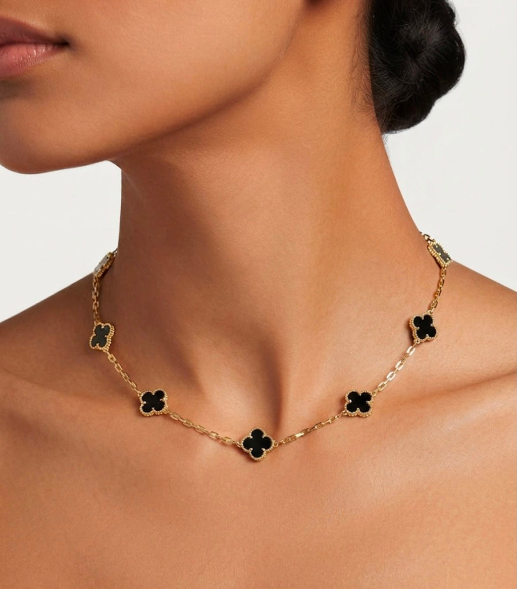 Black Onyx Clover Station Necklace